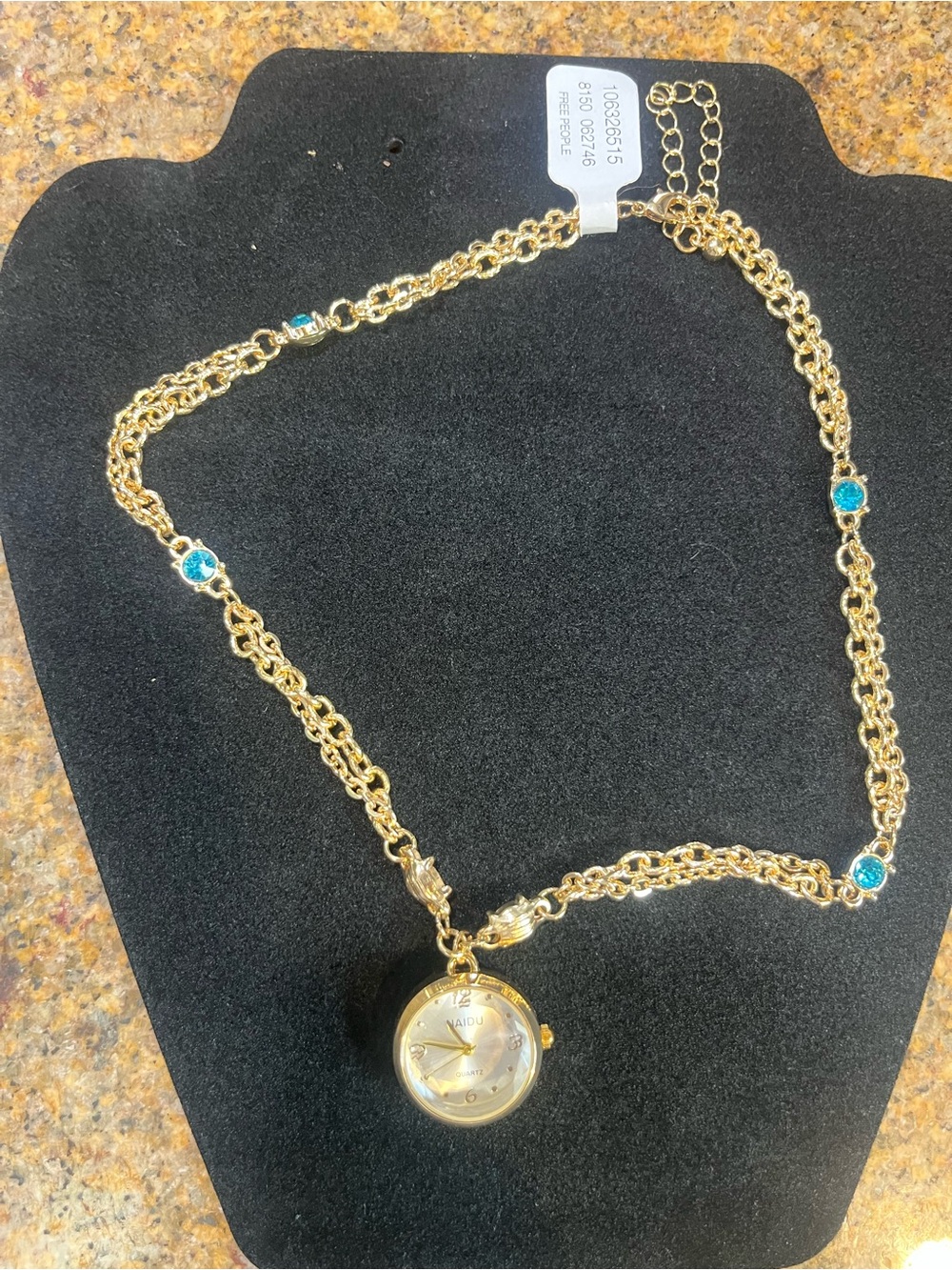 NWT $38. #FreePeople  Gold-tone Women's Necklace Watch/Blue Crystal Accents -